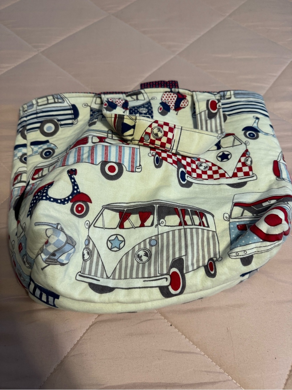 Vintage-Inspired Cream Canvas Tote with Retro Car Print